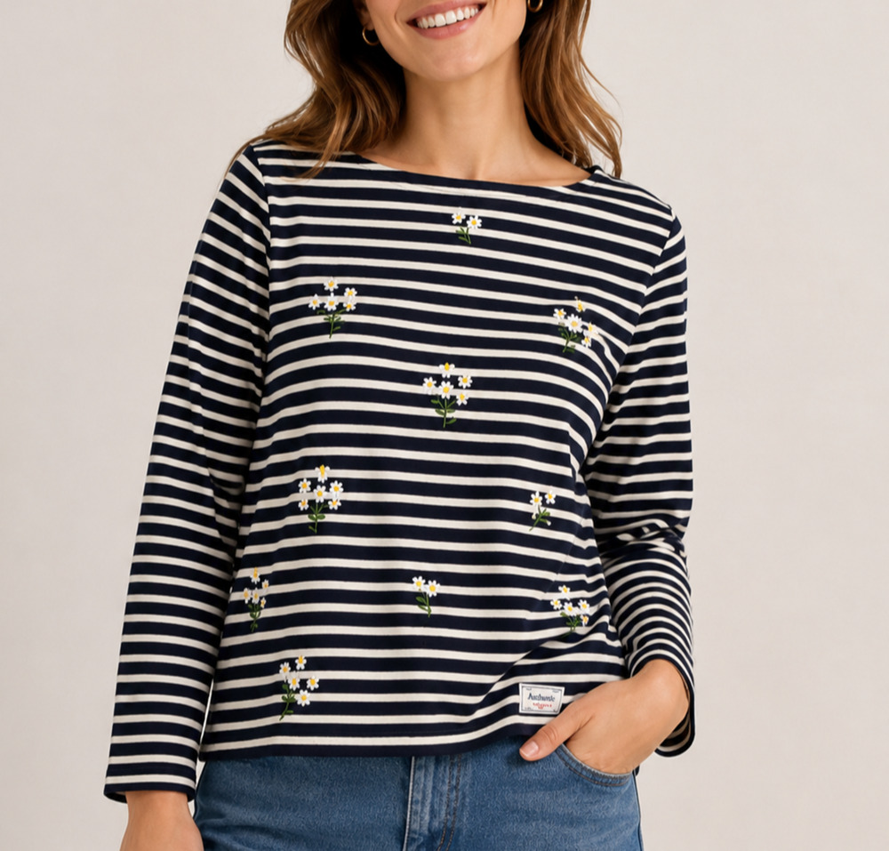 Talbots Womens M Navy White Breton Stripe Daisy Embroidered 3/4 Sleeve Top